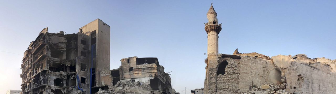 Syria, Aleppo, Al-Swaiqa. Destructions at the entrance of one of the ancient bazars in the city. 