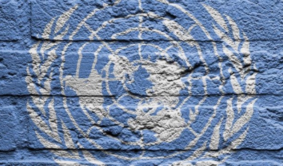 UN Flag painted on a brick wall