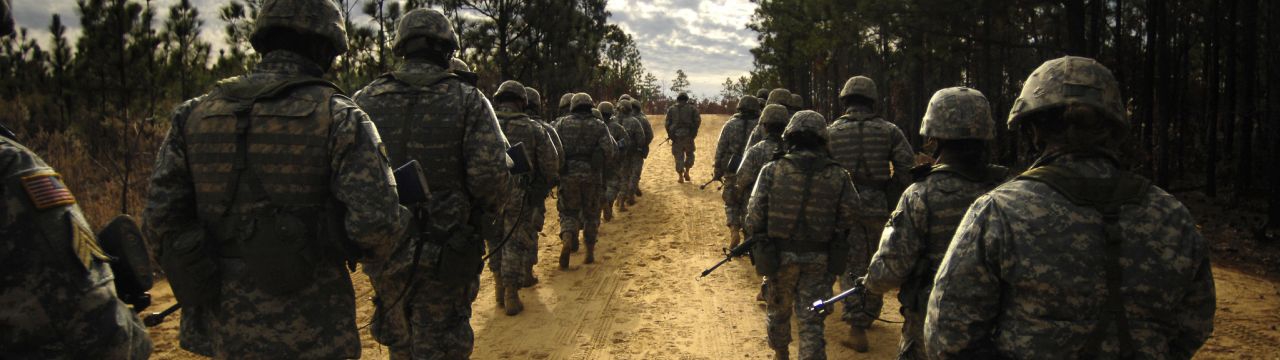 U.S. Army recruits practice patrol tactics while marching during U.S. Army basic training at Fort Jackson, S.C., Dec. 6, 2006