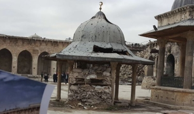 Aleppo, Syria: great Umayyad mosque. Destructions.