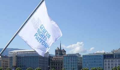 Flags of the Geneva Human Rights Platform on the Mont-Blanc Bridge