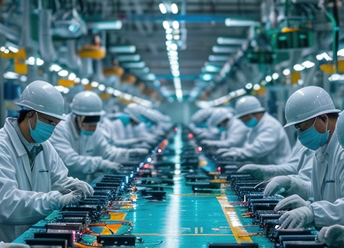 Asian workers working at technology production factory with industrial machines