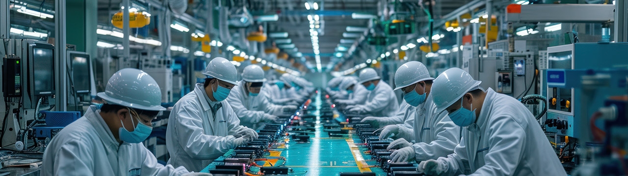 Asian workers working at technology production factory with industrial machines