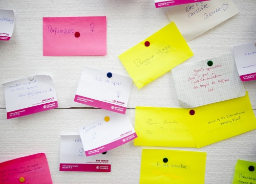 Post-it on a wall with job titles