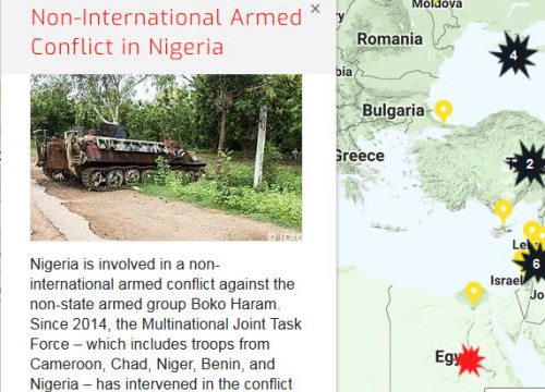Map of the RULAC online portal with the pop-up window of the non-international armed conflict in Nigeria