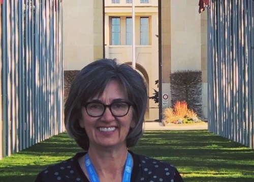 Lisa Borden in Front of the Palais des Nations in Geneva