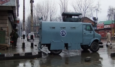 View of the Lal chowk in Srinagar with an armoured vehicle