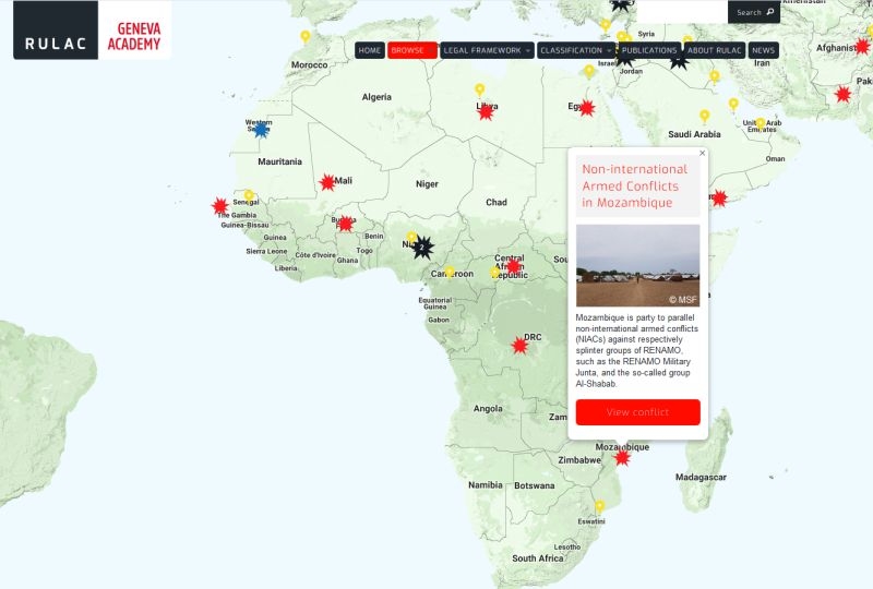 Map of the RULAC online portal with the pop-up window on the non-international armed conflicts in Mozambique