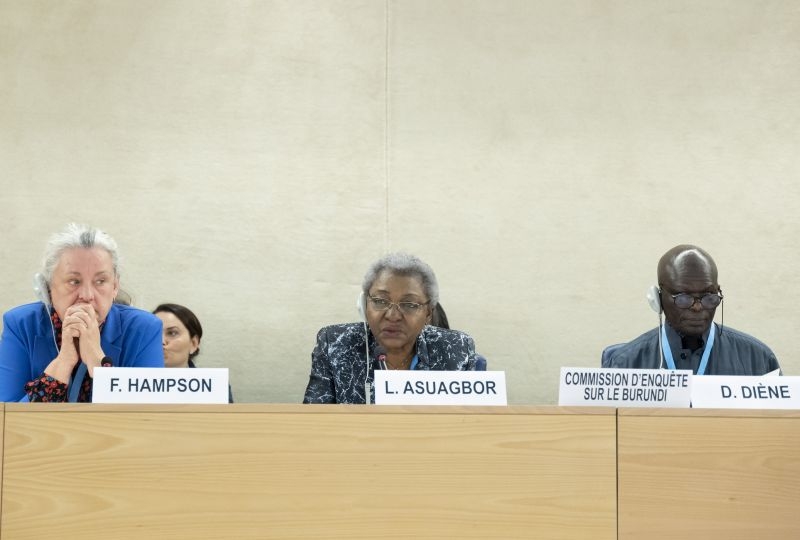 Doudou Diene ( right ) Chairperson of the Commission of inquiry on Burundi, Lucy Asuagbor ( centre ) and Françoise Hampson ( left ) Members of the Commission of inquiry on Burundi present his report at a 40th Session of the Human Rights Council. 12 March 2019