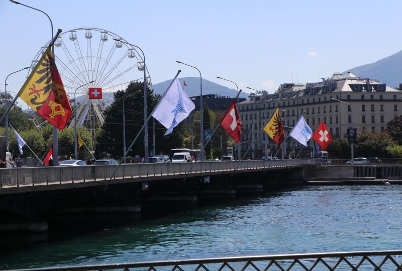 Flags of the Geneva Human Rights Platform on the Mon-Blanc Bridge