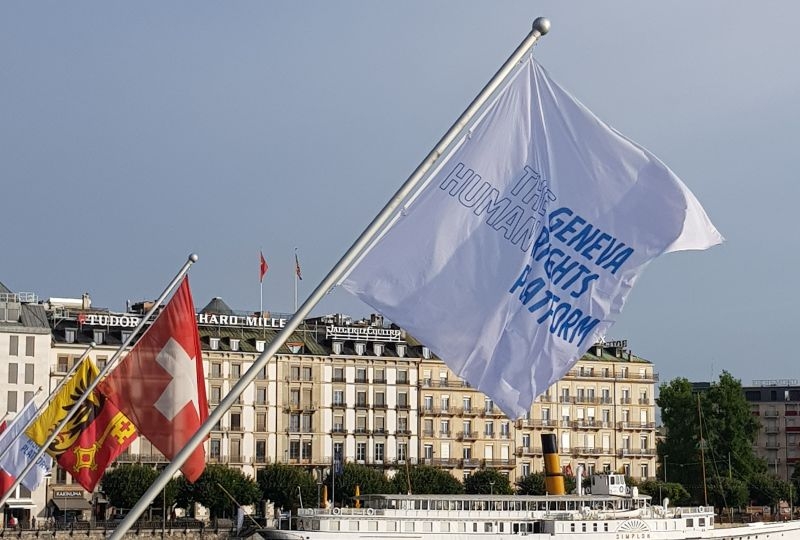 Flags of the Geneva Human Rights Platform on the Mont-Blanc bridge