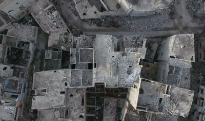Aerial view of destroyed buildings