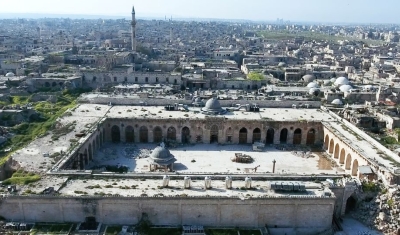 Destroyed mosque of Aleppo in aerial view, filmed by a drone, syria